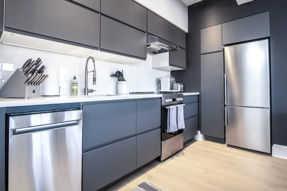 stainless steel dishwasher and fridge shine in apartment kitchen.